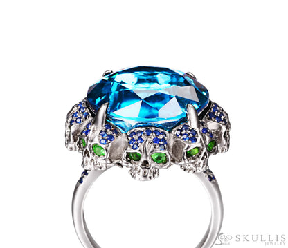 Circle of Fate - Gem Skull Ring of Round Cut Blue Topaz Carved with Skull Sapphire Skulls in 925 Sterling Silver
