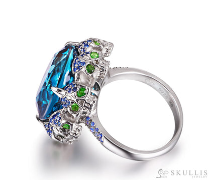 Circle of Fate - Gem Skull Ring of Round Cut Blue Topaz Carved with Skull Sapphire Skulls in 925 Sterling Silver