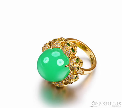 Circle of Fate - Gem Skull Ring of Round Cut Chrysoprase Carved with Skull Diamonds Skulls in 925 Sterling Silver