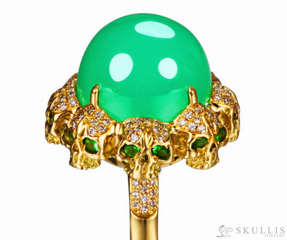 Circle of Fate - Gem Skull Ring of Round Cut Chrysoprase Carved with Skull Diamonds Skulls in 925 Sterling Silver