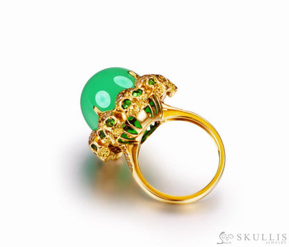 Circle of Fate - Gem Skull Ring of Round Cut Chrysoprase Carved with Skull Diamonds Skulls in 925 Sterling Silver