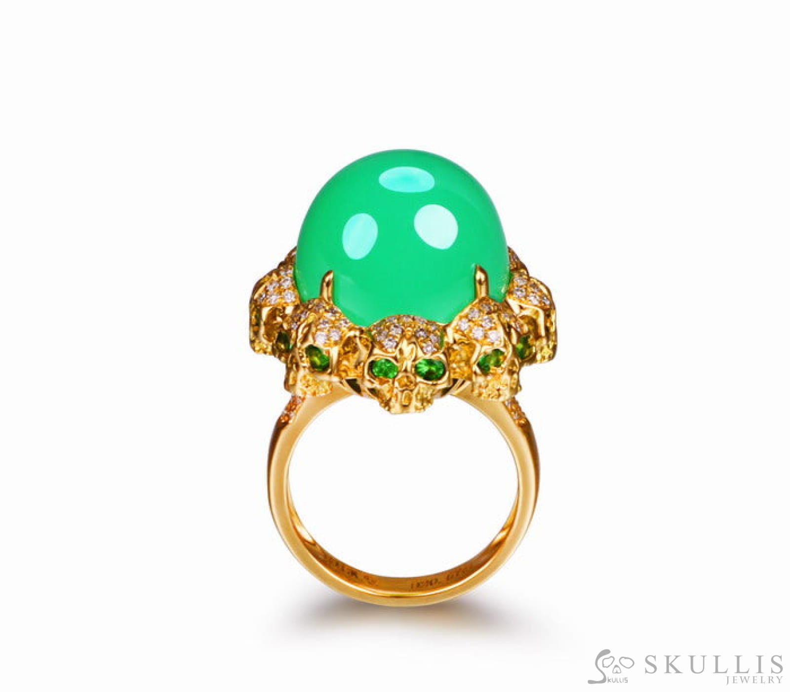 Circle of Fate - Gem Skull Ring of Round Cut Chrysoprase Carved with Skull Diamonds Skulls in 925 Sterling Silver