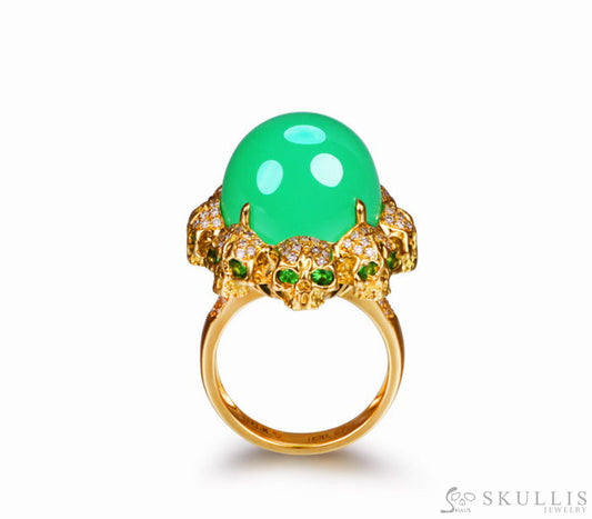 Circle of Fate - Gem Skull Ring of Round Cut Chrysoprase Carved with Skull Diamonds Skulls in 925 Sterling Silver