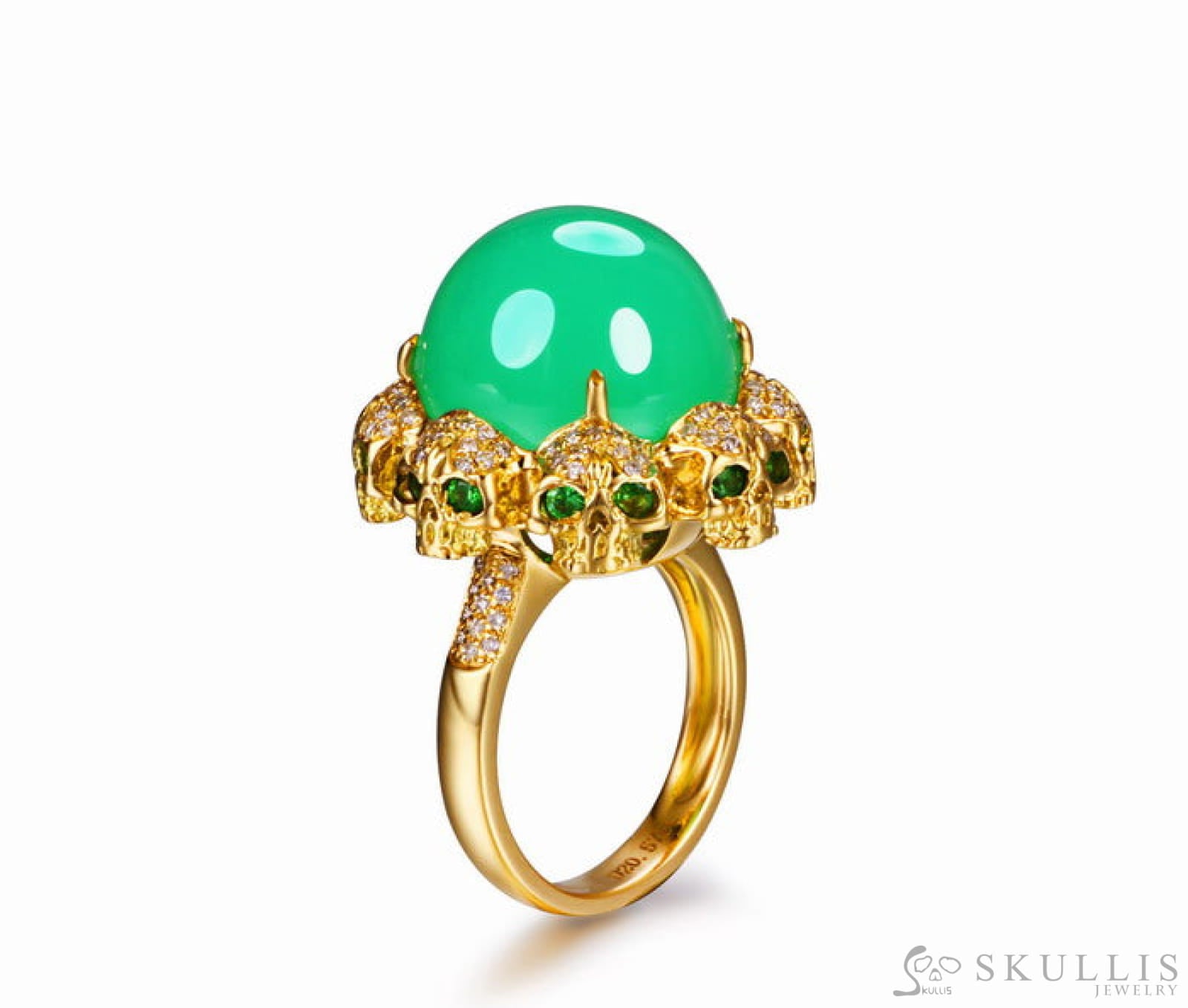Circle of Fate - Gem Skull Ring of Round Cut Chrysoprase Carved with Skull Diamonds Skulls in 925 Sterling Silver