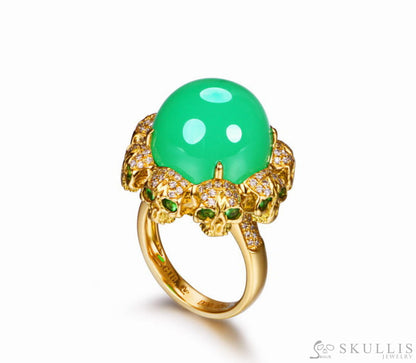 Circle of Fate - Gem Skull Ring of Round Cut Chrysoprase Carved with Skull Diamonds Skulls in 925 Sterling Silver