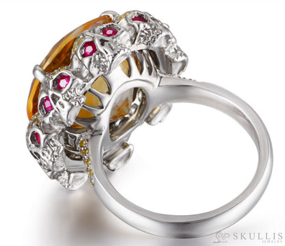 Circle of Fate - Gem Skull Ring of Round Cut Citrine Carved with Skull Ruby Eyes Skulls in 925 Sterling Silver - Skull