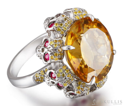 Circle of Fate - Gem Skull Ring of Round Cut Citrine Carved with Skull Ruby Eyes Skulls in 925 Sterling Silver - Skull