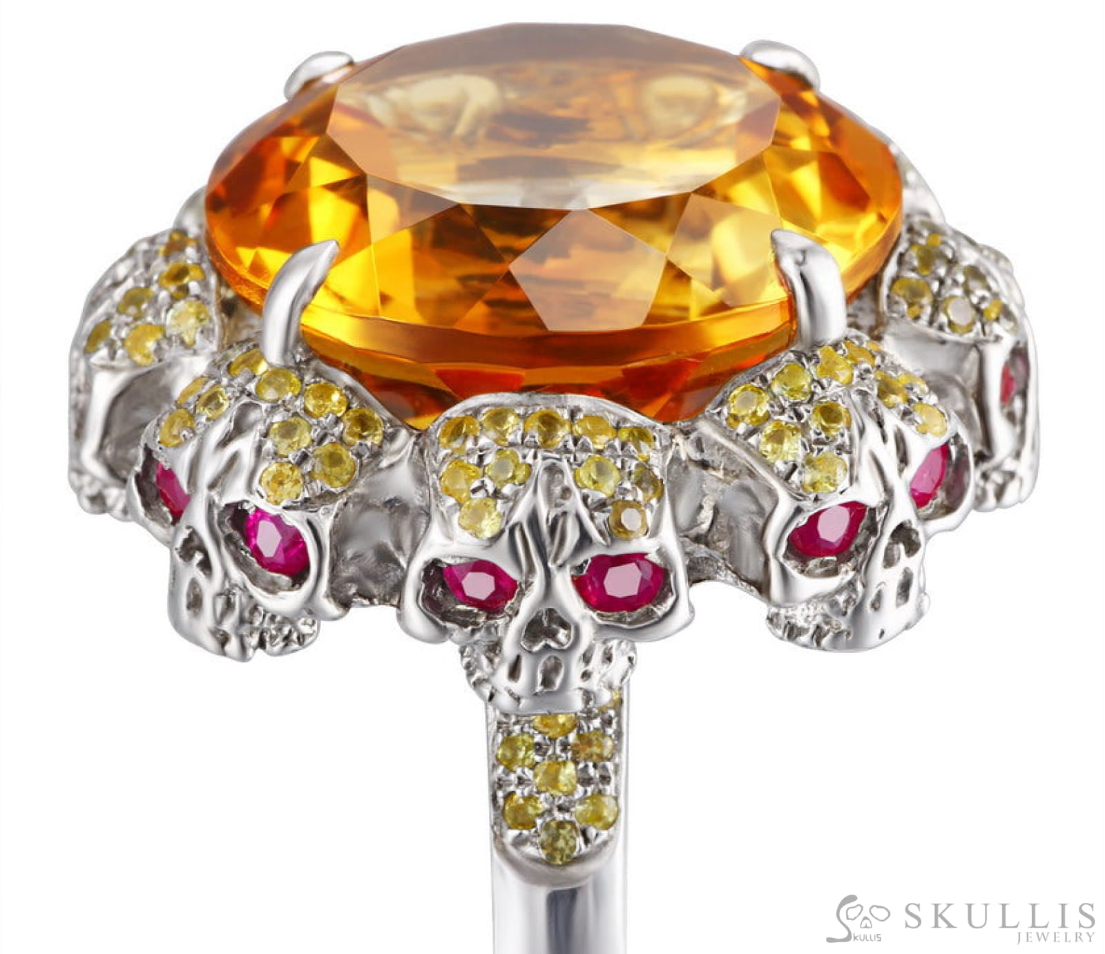 Circle of Fate - Gem Skull Ring of Round Cut Citrine Carved with Skull Ruby Eyes Skulls in 925 Sterling Silver - Skull