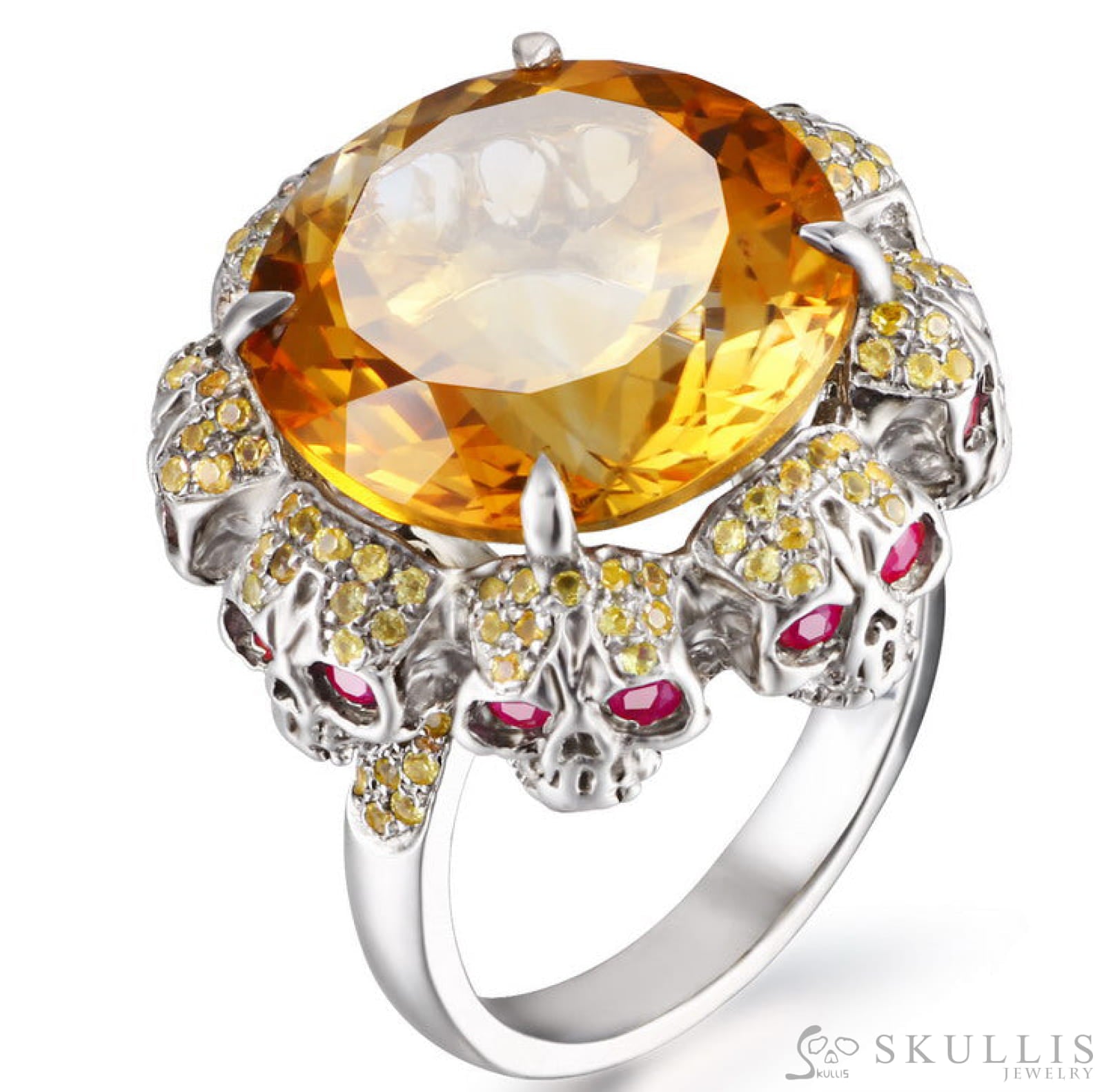 Circle of Fate - Gem Skull Ring of Round Cut Citrine Carved with Skull Ruby Eyes Skulls in 925 Sterling Silver - Skull