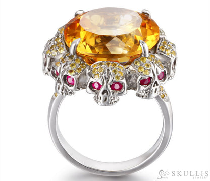 Circle of Fate - Gem Skull Ring of Round Cut Citrine Carved with Skull Ruby Eyes Skulls in 925 Sterling Silver - Skull