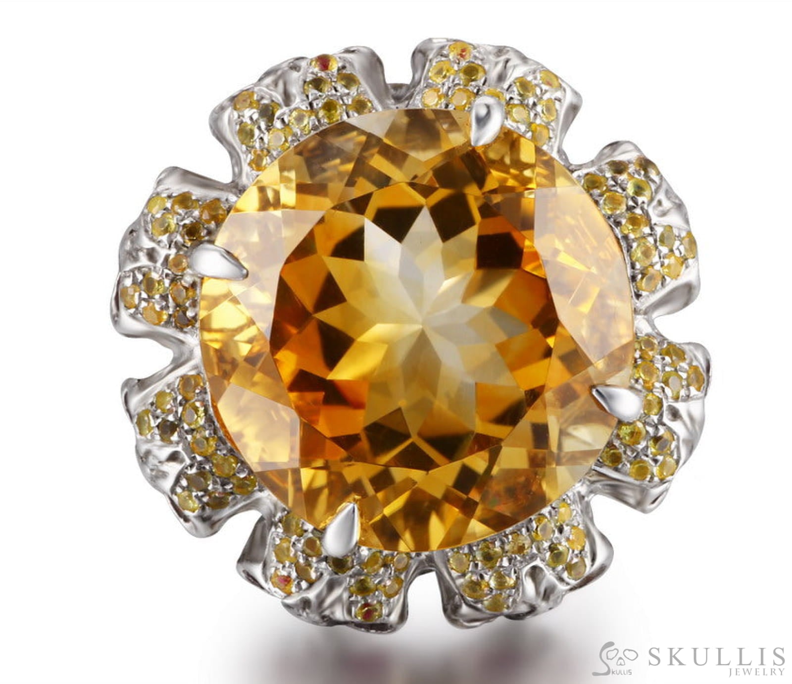 Circle of Fate - Gem Skull Ring of Round Cut Citrine Carved with Skull Ruby Eyes Skulls in 925 Sterling Silver - Skull