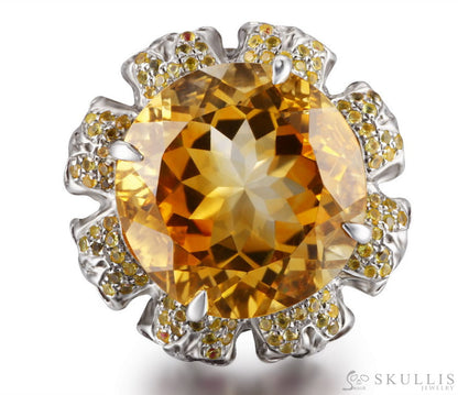 Circle of Fate - Gem Skull Ring of Round Cut Citrine Carved with Skull Ruby Eyes Skulls in 925 Sterling Silver - Skull