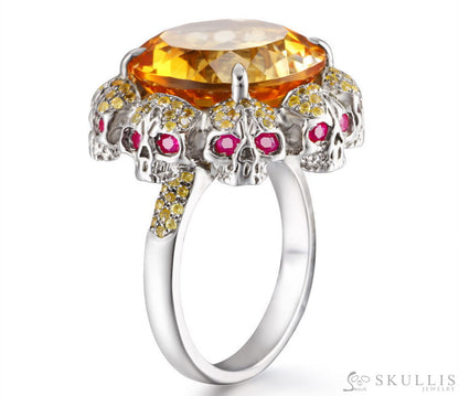 Circle of Fate - Gem Skull Ring of Round Cut Citrine Carved with Skull Ruby Eyes Skulls in 925 Sterling Silver - Skull
