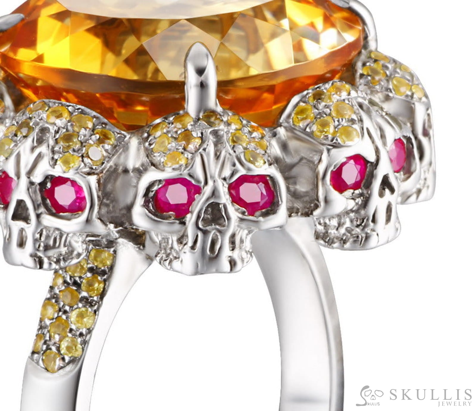 Circle of Fate - Gem Skull Ring of Round Cut Citrine Carved with Skull Ruby Eyes Skulls in 925 Sterling Silver - Skull