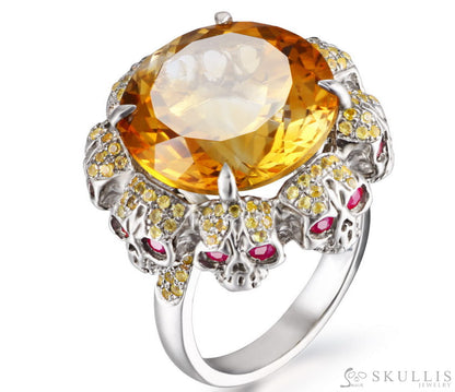Circle of Fate - Gem Skull Ring of Round Cut Citrine Carved with Skull Ruby Eyes Skulls in 925 Sterling Silver - Skull