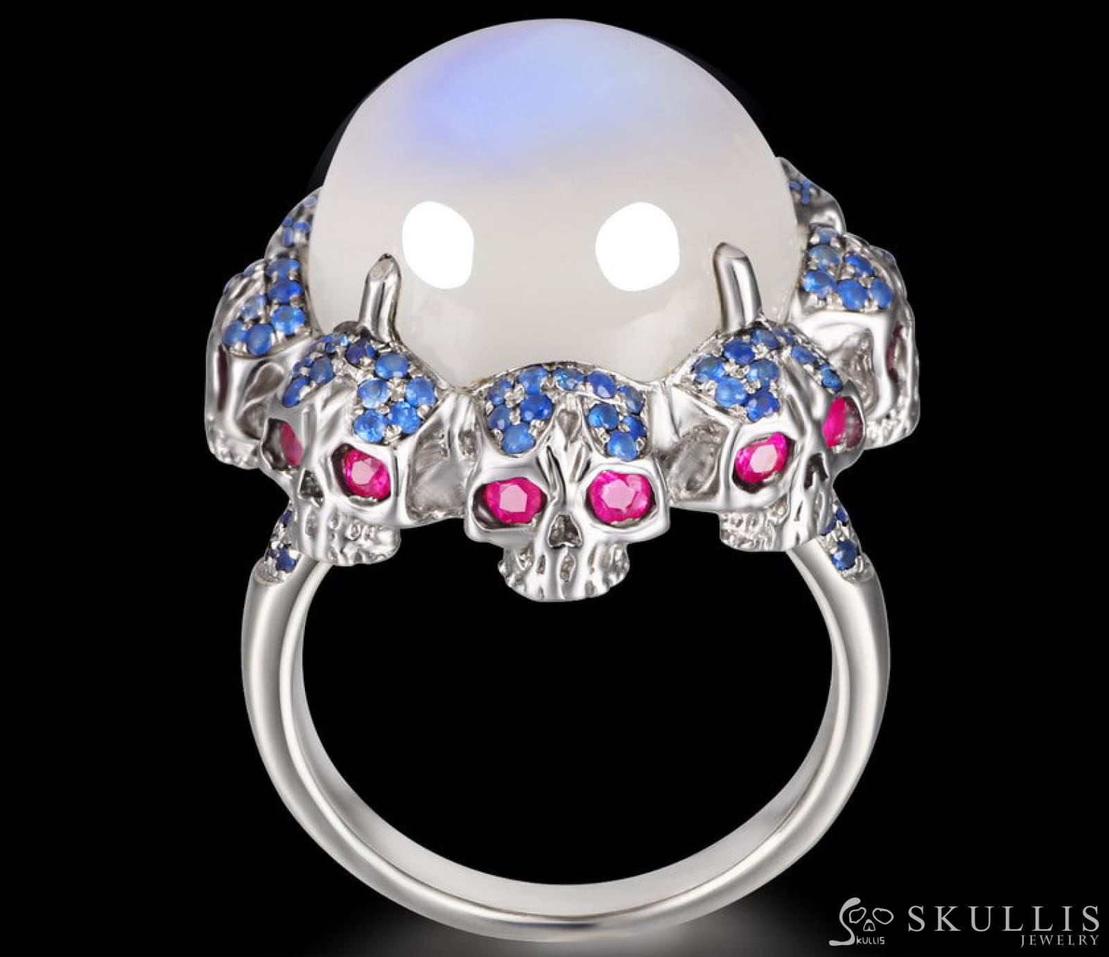 Circle of Fate - Gem Skull Ring of Round Cut Moonstone Carved with Skull Ruby Skulls in 925 Sterling Silver - Skull