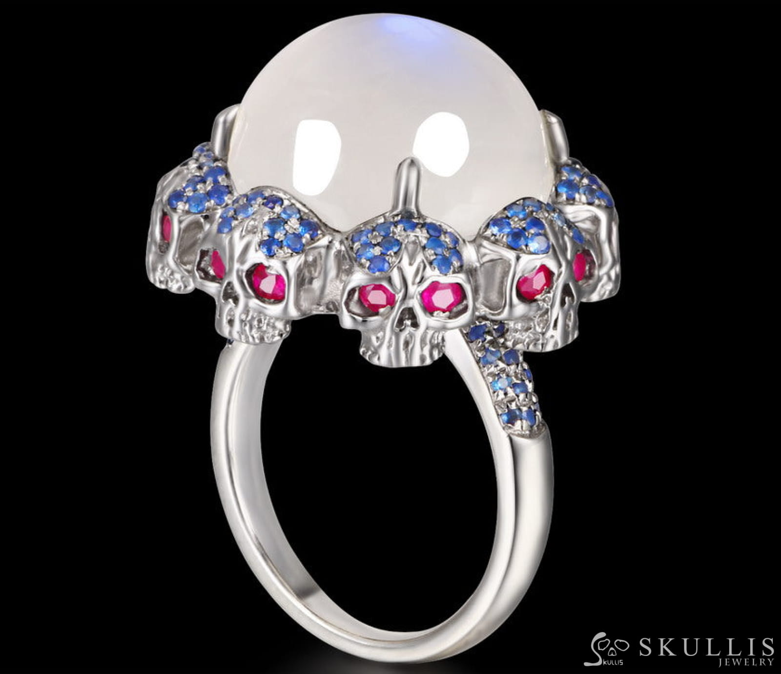 Circle of Fate - Gem Skull Ring of Round Cut Moonstone Carved with Skull Ruby Skulls in 925 Sterling Silver - Skull