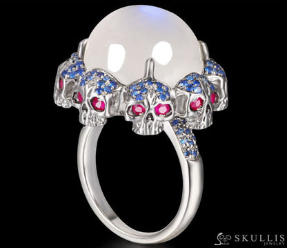 Circle of Fate - Gem Skull Ring of Round Cut Moonstone Carved with Skull Ruby Skulls in 925 Sterling Silver - Skull