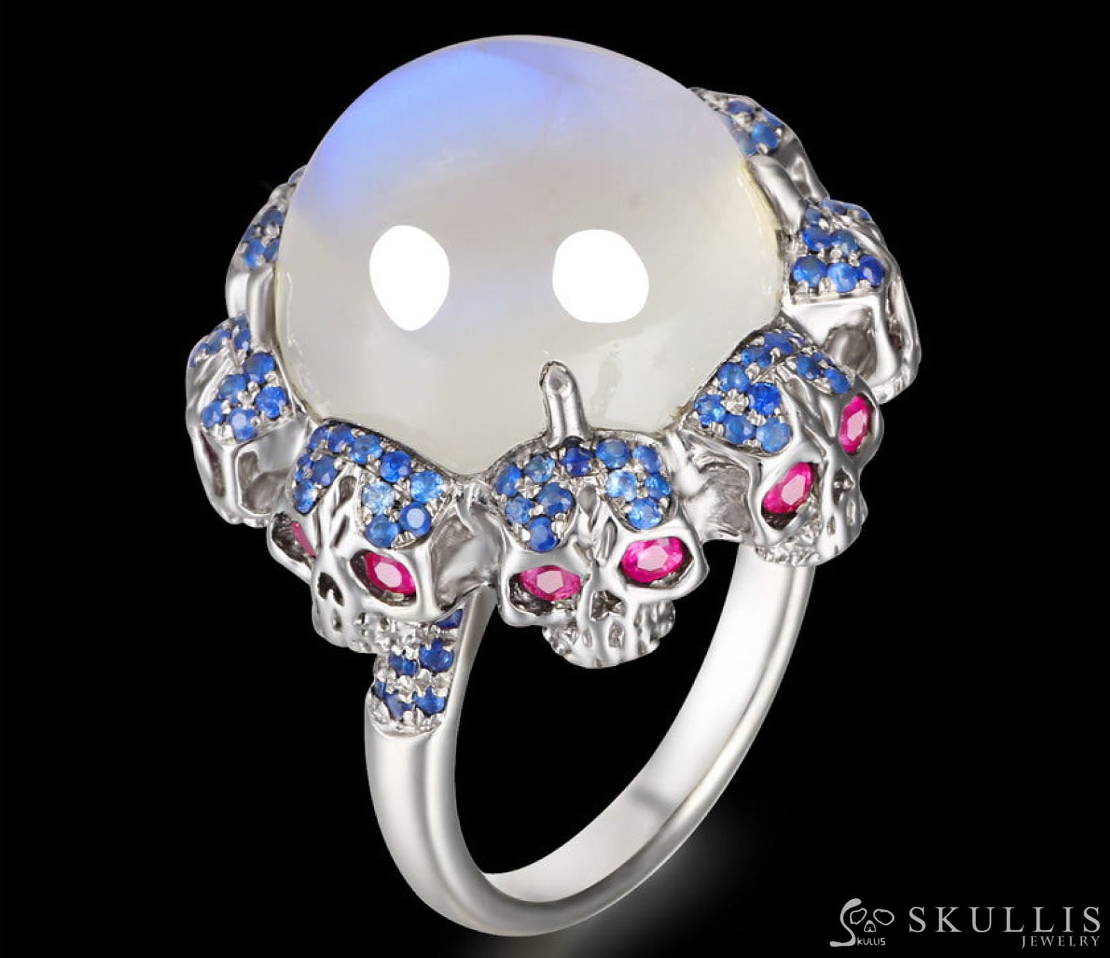 Circle of Fate - Gem Skull Ring of Round Cut Moonstone Carved with Skull Ruby Skulls in 925 Sterling Silver - Skull