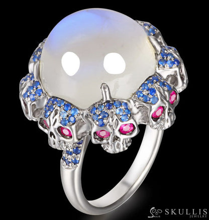 Circle of Fate - Gem Skull Ring of Round Cut Moonstone Carved with Skull Ruby Skulls in 925 Sterling Silver - Skull
