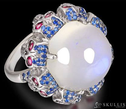 Circle of Fate - Gem Skull Ring of Round Cut Moonstone Carved with Skull Ruby Skulls in 925 Sterling Silver - Skull
