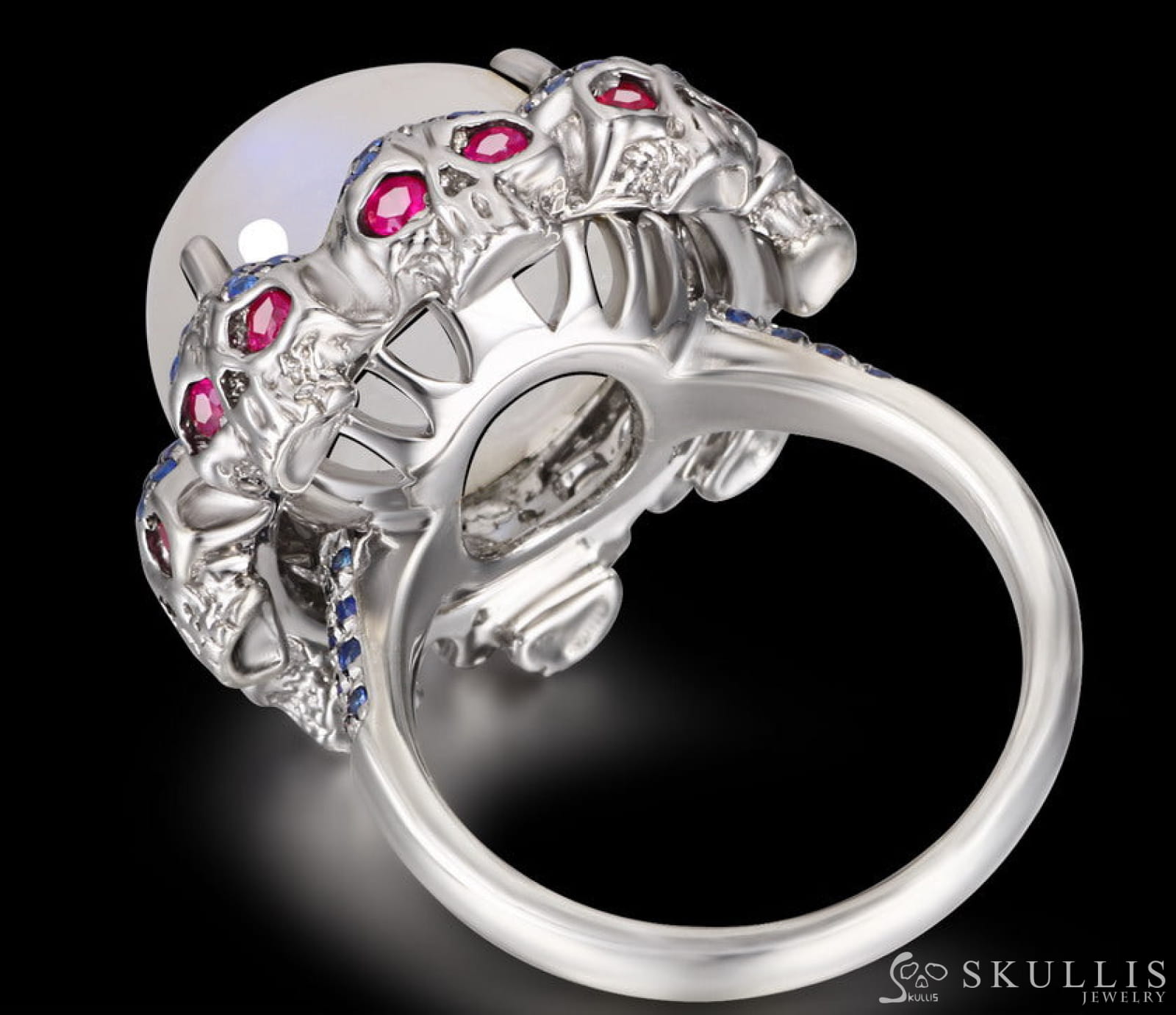 Circle of Fate - Gem Skull Ring of Round Cut Moonstone Carved with Skull Ruby Skulls in 925 Sterling Silver - Skull