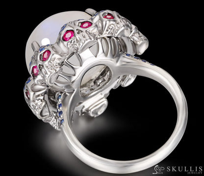 Circle of Fate - Gem Skull Ring of Round Cut Moonstone Carved with Skull Ruby Skulls in 925 Sterling Silver - Skull