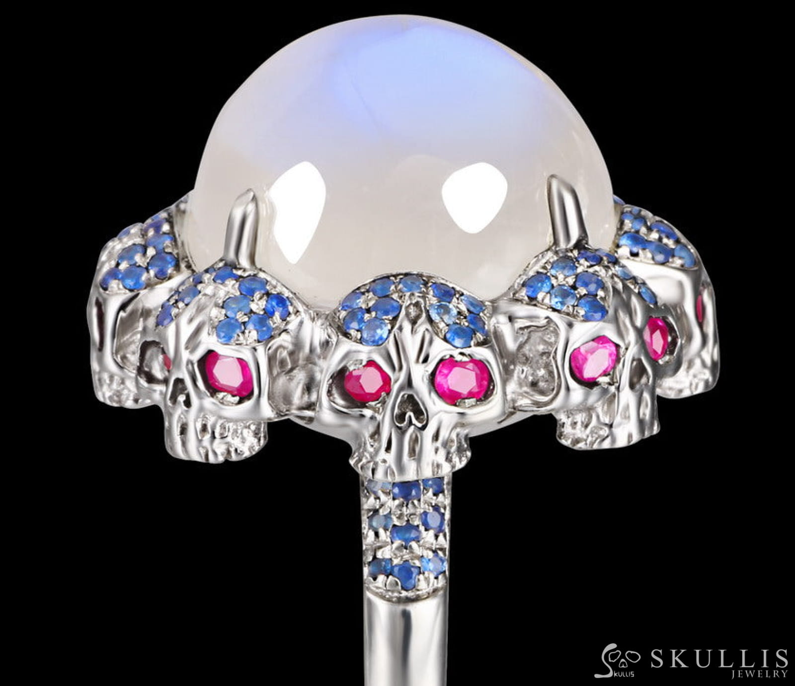 Circle of Fate - Gem Skull Ring of Round Cut Moonstone Carved with Skull Ruby Skulls in 925 Sterling Silver - Skull