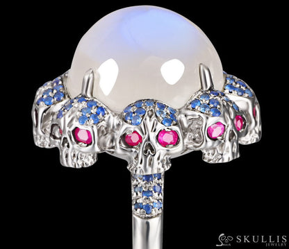 Circle of Fate - Gem Skull Ring of Round Cut Moonstone Carved with Skull Ruby Skulls in 925 Sterling Silver - Skull