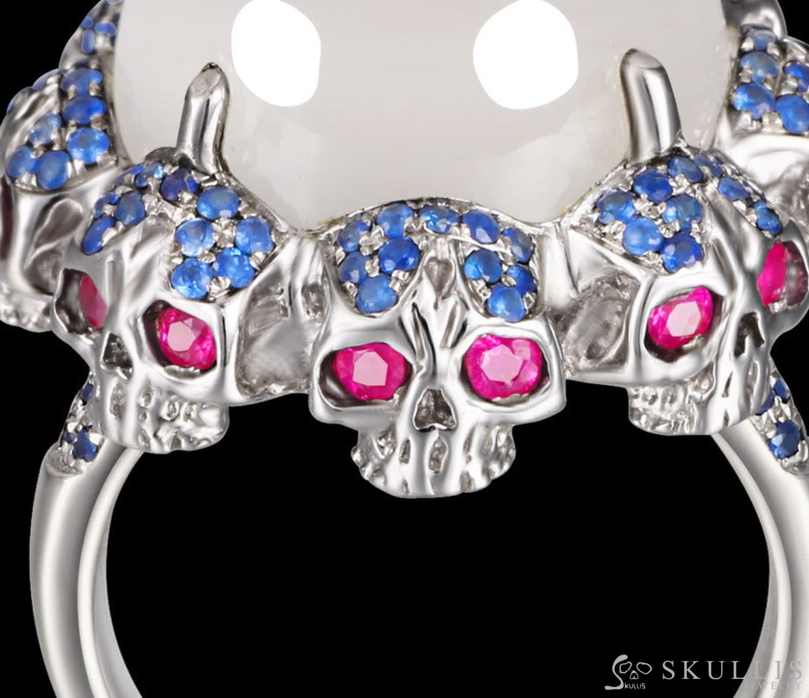 Circle of Fate - Gem Skull Ring of Round Cut Moonstone Carved with Skull Ruby Skulls in 925 Sterling Silver - Skull