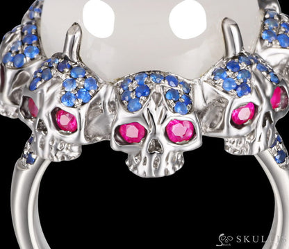 Circle of Fate - Gem Skull Ring of Round Cut Moonstone Carved with Skull Ruby Skulls in 925 Sterling Silver - Skull