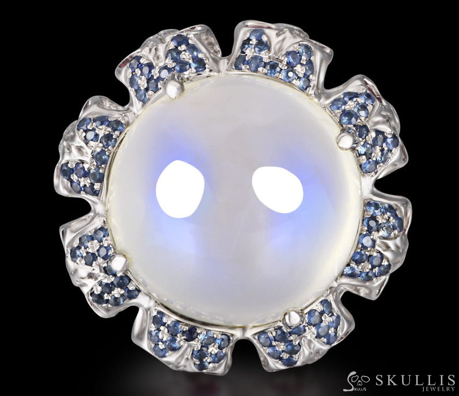 Circle of Fate - Gem Skull Ring of Round Cut Moonstone Carved with Skull Ruby Skulls in 925 Sterling Silver - Skull