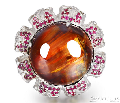 Circle of Fate - Gem Skull Ring of Round Cut Red Pietersite Carved with Skull Ruby Skulls in 925 Sterling Silver