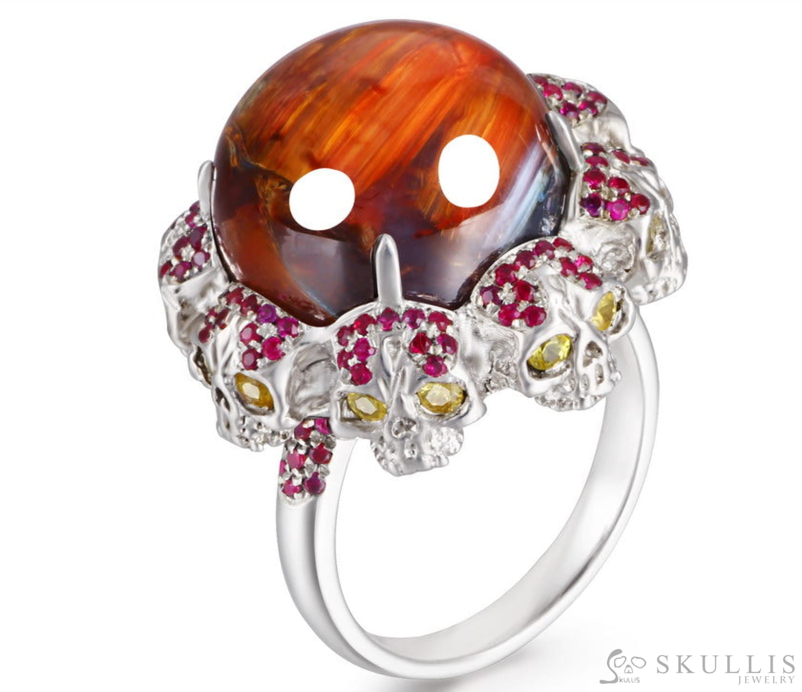 Circle of Fate - Gem Skull Ring of Round Cut Red Pietersite Carved with Skull Ruby Skulls in 925 Sterling Silver