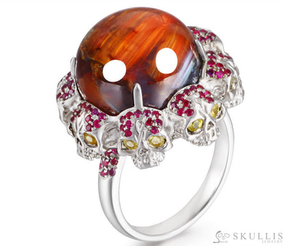 Circle of Fate - Gem Skull Ring of Round Cut Red Pietersite Carved with Skull Ruby Skulls in 925 Sterling Silver