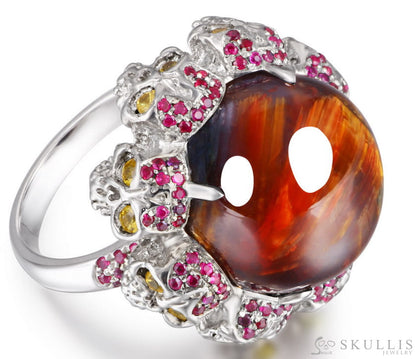 Circle of Fate - Gem Skull Ring of Round Cut Red Pietersite Carved with Skull Ruby Skulls in 925 Sterling Silver