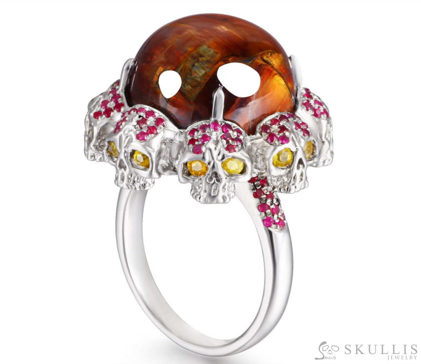 Circle of Fate - Gem Skull Ring of Round Cut Red Pietersite Carved with Skull Ruby Skulls in 925 Sterling Silver