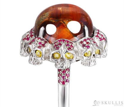 Circle of Fate - Gem Skull Ring of Round Cut Red Pietersite Carved with Skull Ruby Skulls in 925 Sterling Silver