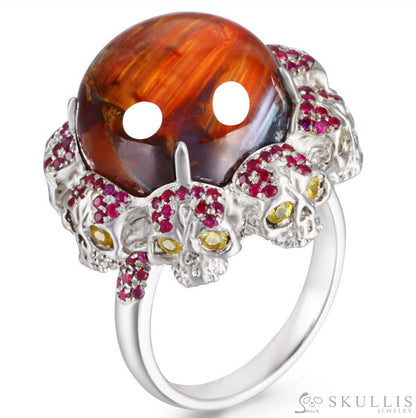 Circle of Fate - Gem Skull Ring of Round Cut Red Pietersite Carved with Skull Ruby Skulls in 925 Sterling Silver