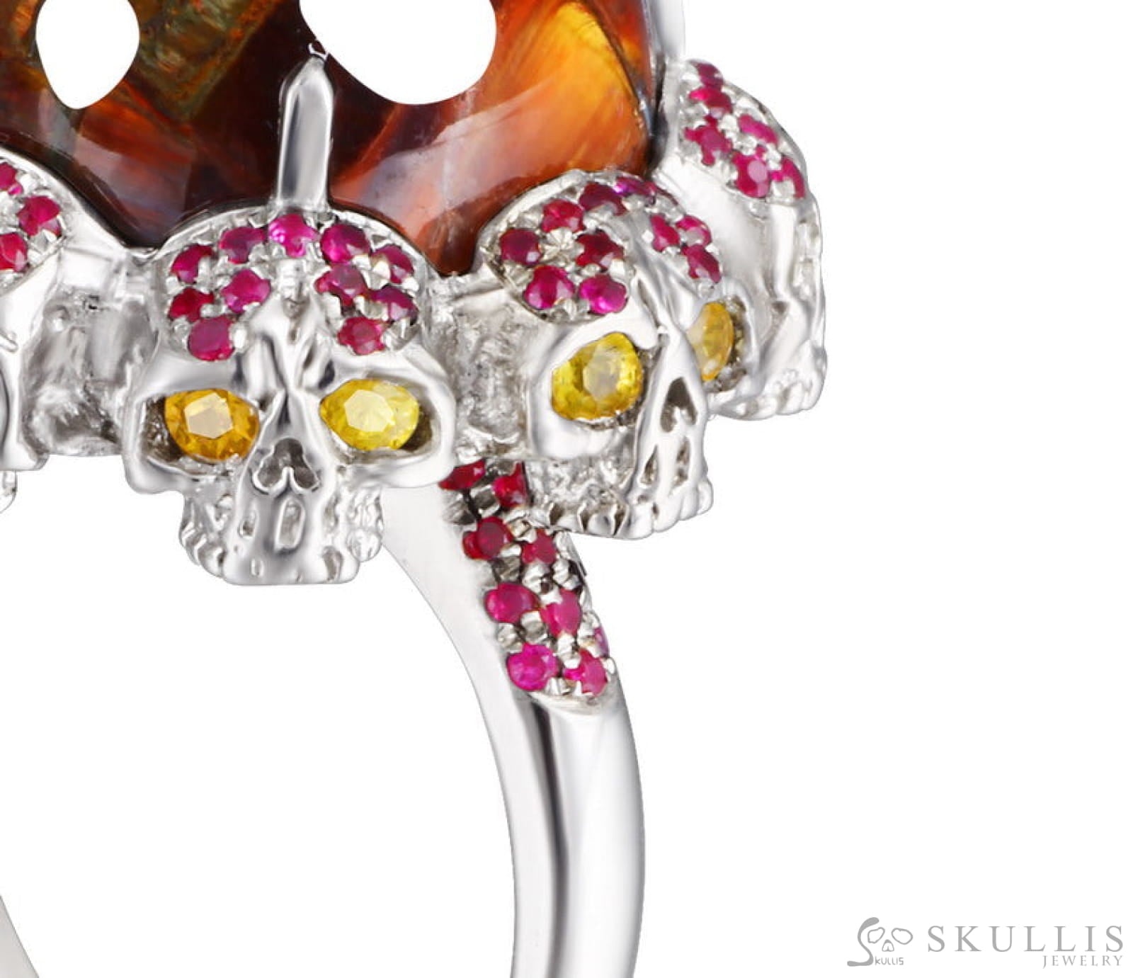 Circle of Fate - Gem Skull Ring of Round Cut Red Pietersite Carved with Skull Ruby Skulls in 925 Sterling Silver