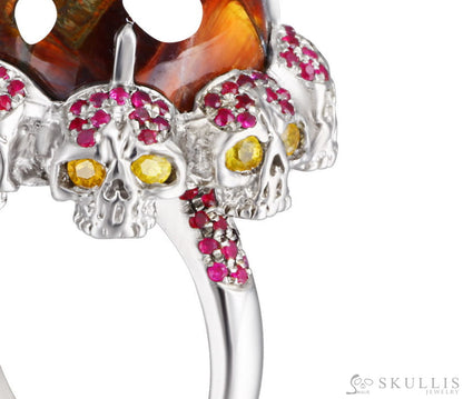 Circle of Fate - Gem Skull Ring of Round Cut Red Pietersite Carved with Skull Ruby Skulls in 925 Sterling Silver