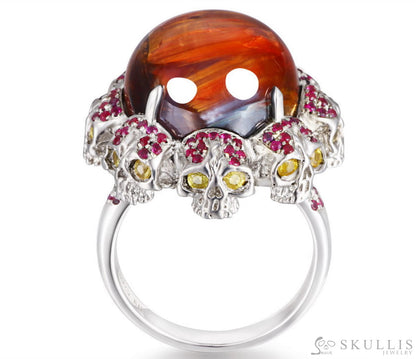 Circle of Fate - Gem Skull Ring of Round Cut Red Pietersite Carved with Skull Ruby Skulls in 925 Sterling Silver