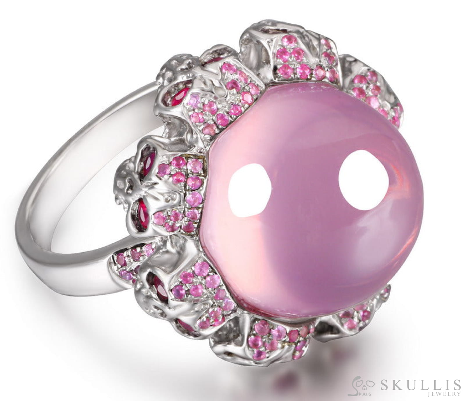 Circle of Fate - Gem Skull Ring of Round Cut Rose Quartz Carved with Skull Ruby Skulls in 925 Sterling Silver - Skull