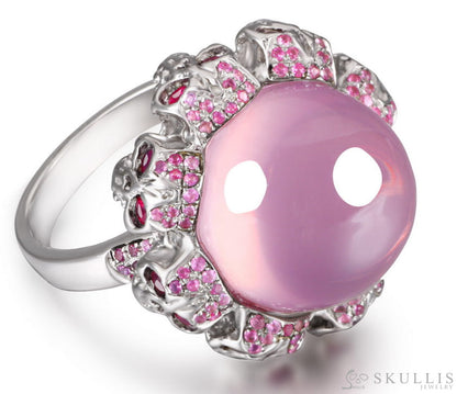 Circle of Fate - Gem Skull Ring of Round Cut Rose Quartz Carved with Skull Ruby Skulls in 925 Sterling Silver - Skull