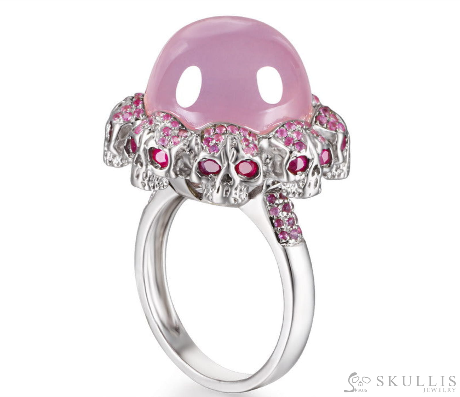 Circle of Fate - Gem Skull Ring of Round Cut Rose Quartz Carved with Skull Ruby Skulls in 925 Sterling Silver - Skull