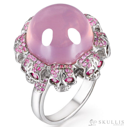 Circle of Fate - Gem Skull Ring of Round Cut Rose Quartz Carved with Skull Ruby Skulls in 925 Sterling Silver - Skull