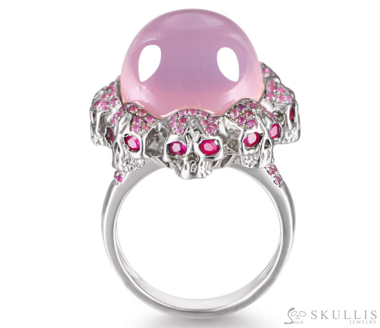 Circle of Fate - Gem Skull Ring of Round Cut Rose Quartz Carved with Skull Ruby Skulls in 925 Sterling Silver - Skull