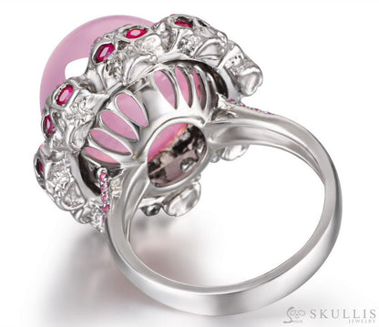 Circle of Fate - Gem Skull Ring of Round Cut Rose Quartz Carved with Skull Ruby Skulls in 925 Sterling Silver - Skull