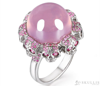 Circle of Fate - Gem Skull Ring of Round Cut Rose Quartz Carved with Skull Ruby Skulls in 925 Sterling Silver - Skull