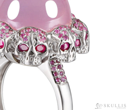Circle of Fate - Gem Skull Ring of Round Cut Rose Quartz Carved with Skull Ruby Skulls in 925 Sterling Silver - Skull